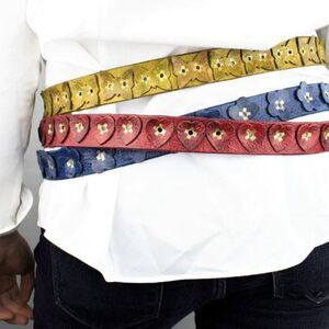 LPD Distressed Blue Vintage Leather Belt with Flowers
